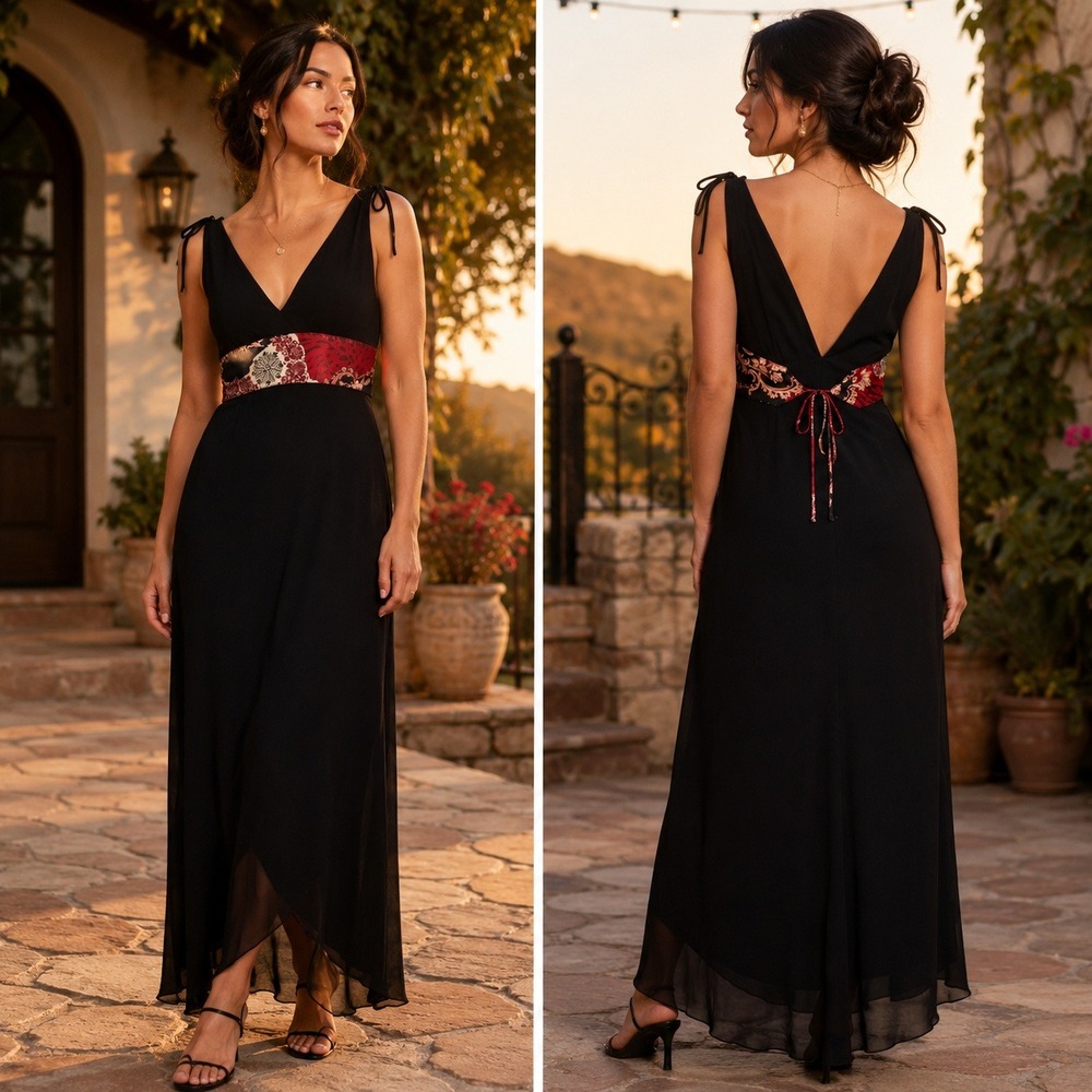 Ruby Rox Y2K Black Maxi Dress M Tie Shoulder V-Neck Asian Print Waist Made USA